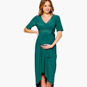 Dark Green Women's Maternity Wrap Dress Midi Length with Waist Belt
